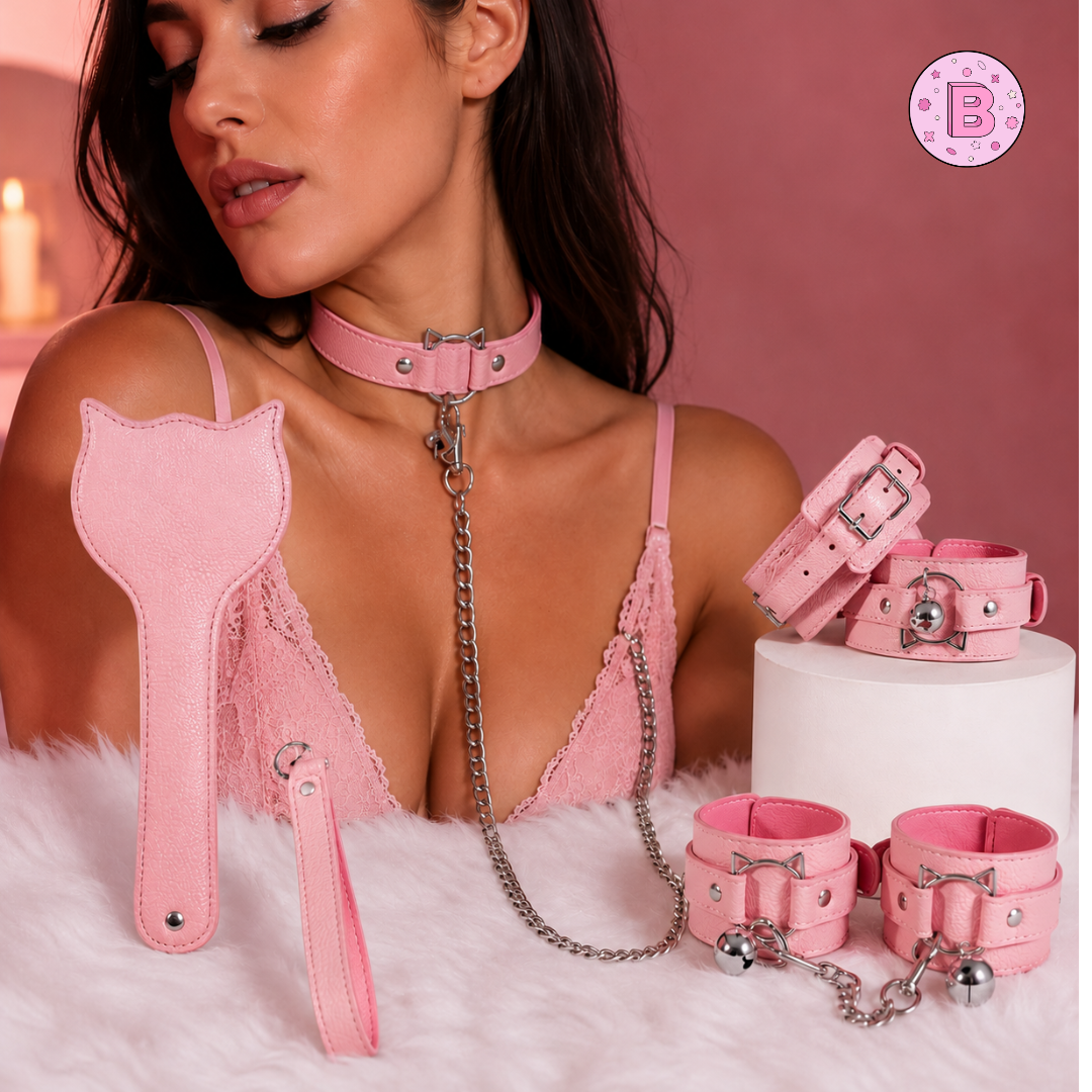 The Pink Promise bondage kit in blush pink vegan leather with collar, leash, wrist and ankle restraints